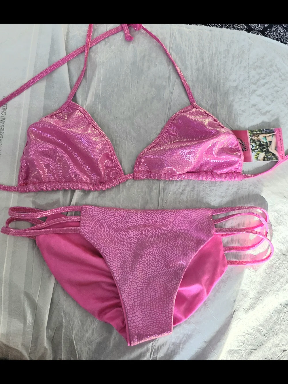 NWT Fede Pink Metallic Triangle Bikini Set Top XL Btm L